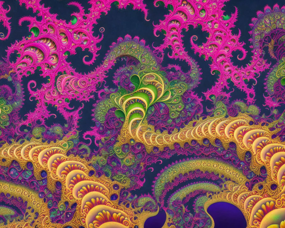 Colorful Fractal Art: Pink, Green, and Yellow Patterns on Dark Background