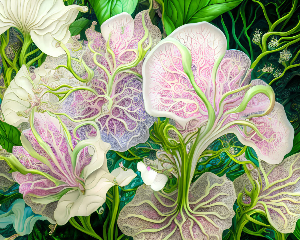 Colorful digital artwork: intricate, stylized flowers in green, white, and purple.