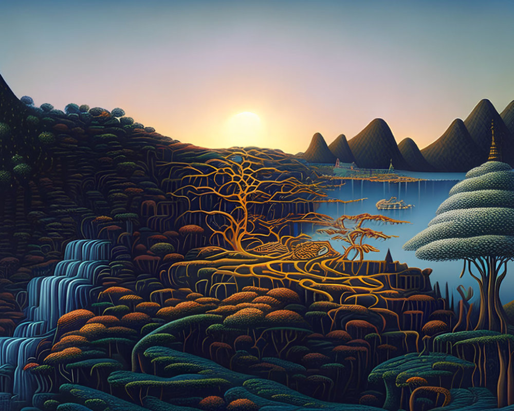 Surreal landscape with stylized trees, layered terrains, and sunrise over tranquil lake