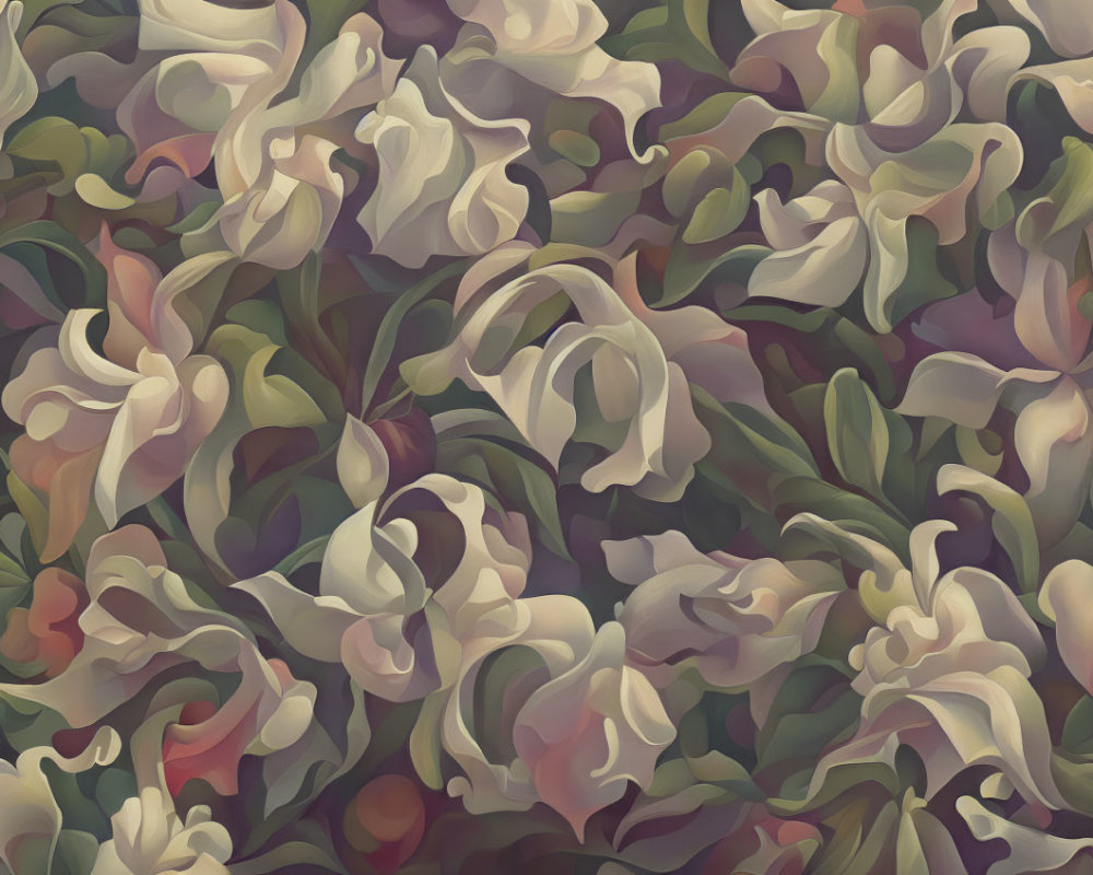 Abstract Floral Digital Painting with Stylized Lily Flowers in Soft Purple, Green, and White Palette