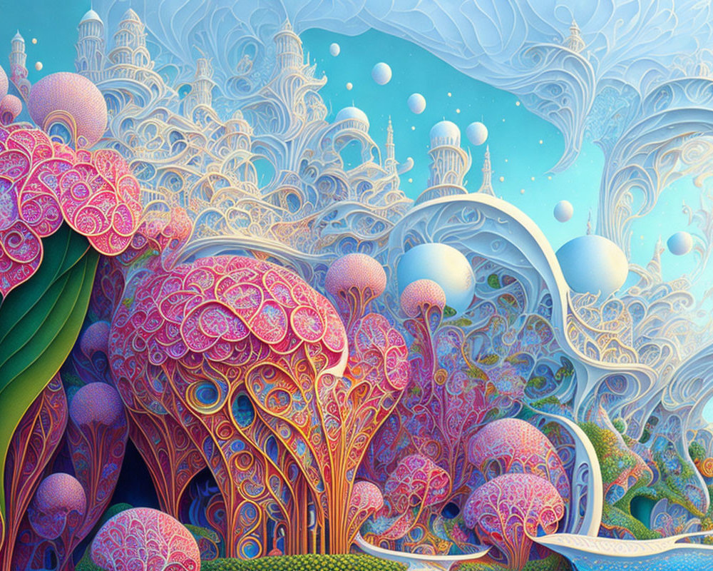 Colorful Whimsical Landscape with Surreal Structures and Floating Orbs