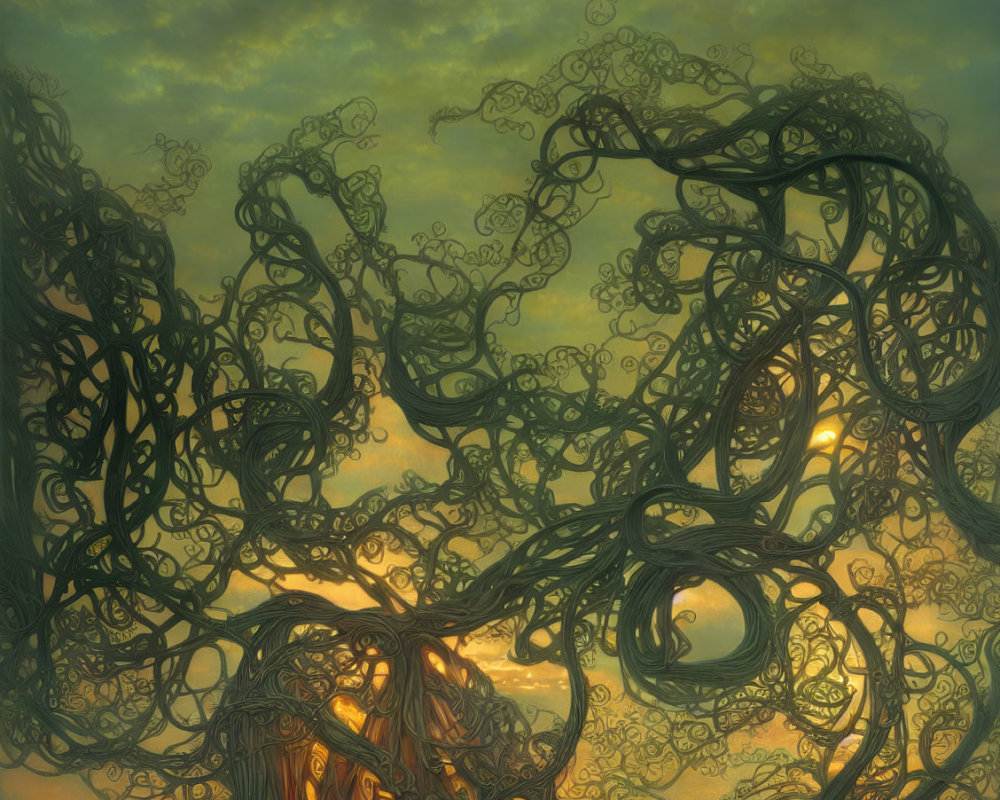 Fantasy-inspired image of ornate vines against a mystical sky