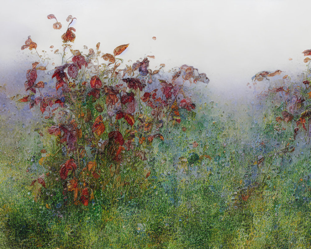 Wilted red flowers in textured, dream-like landscape