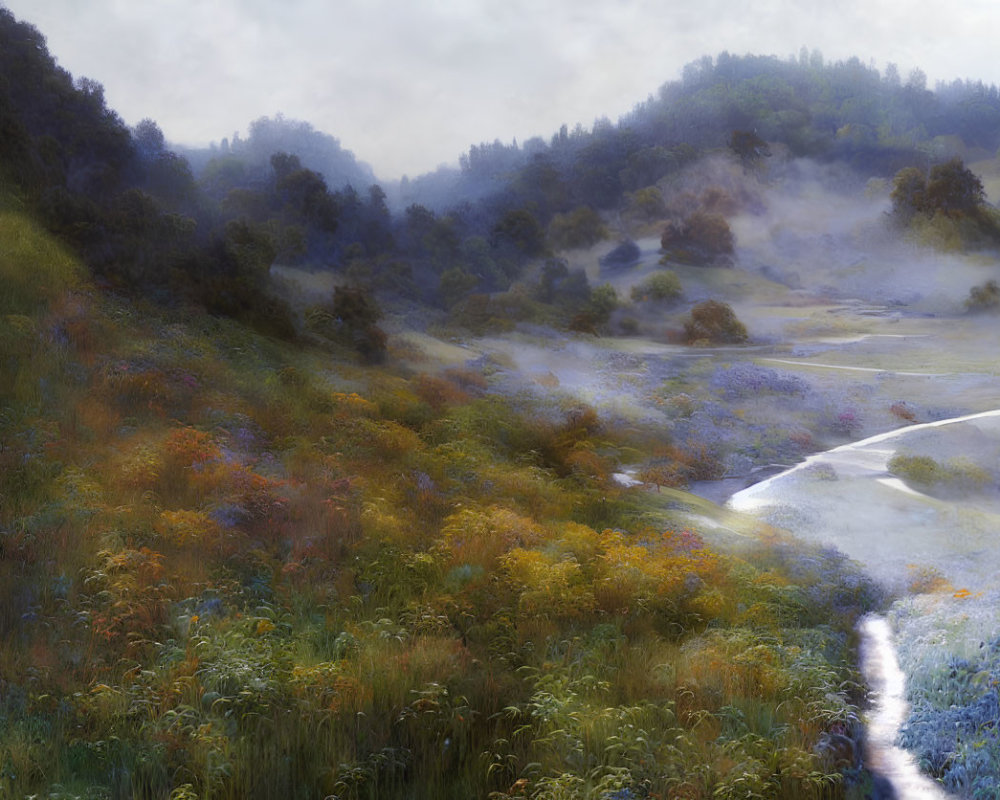 Misty Landscape with Creek, Wildflowers, and Hills