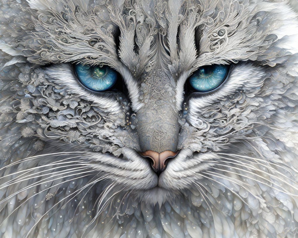 Stylized Cat Face Illustration with Intricate Patterns & Blue Eyes