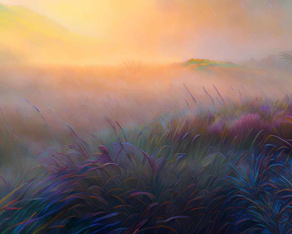 Colorful Landscape with Misty Golden Sunrise and Rolling Hills