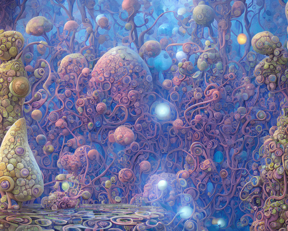 Vibrant alien landscape with tree-like structures and orbs in intricate pattern