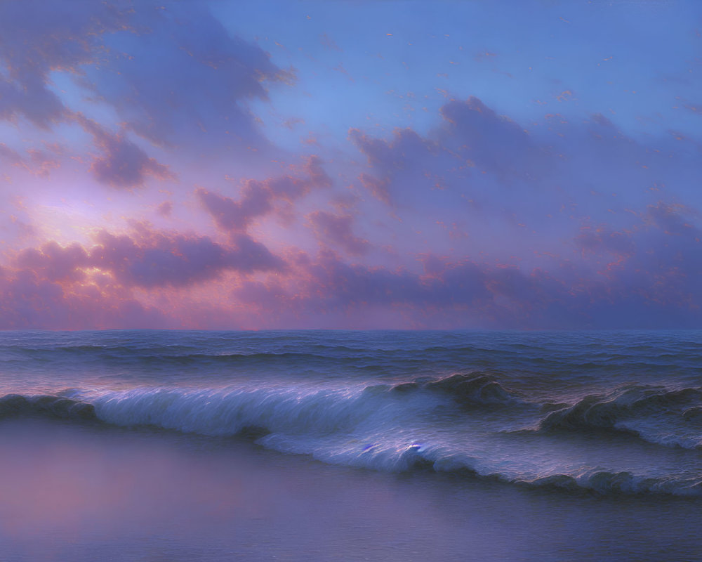 Tranquil Dawn Seascape with Pink Sky and Rolling Waves