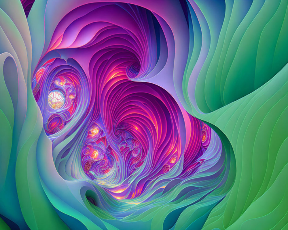 Colorful Abstract Digital Artwork with Swirling Purple, Green, and Orange Patterns