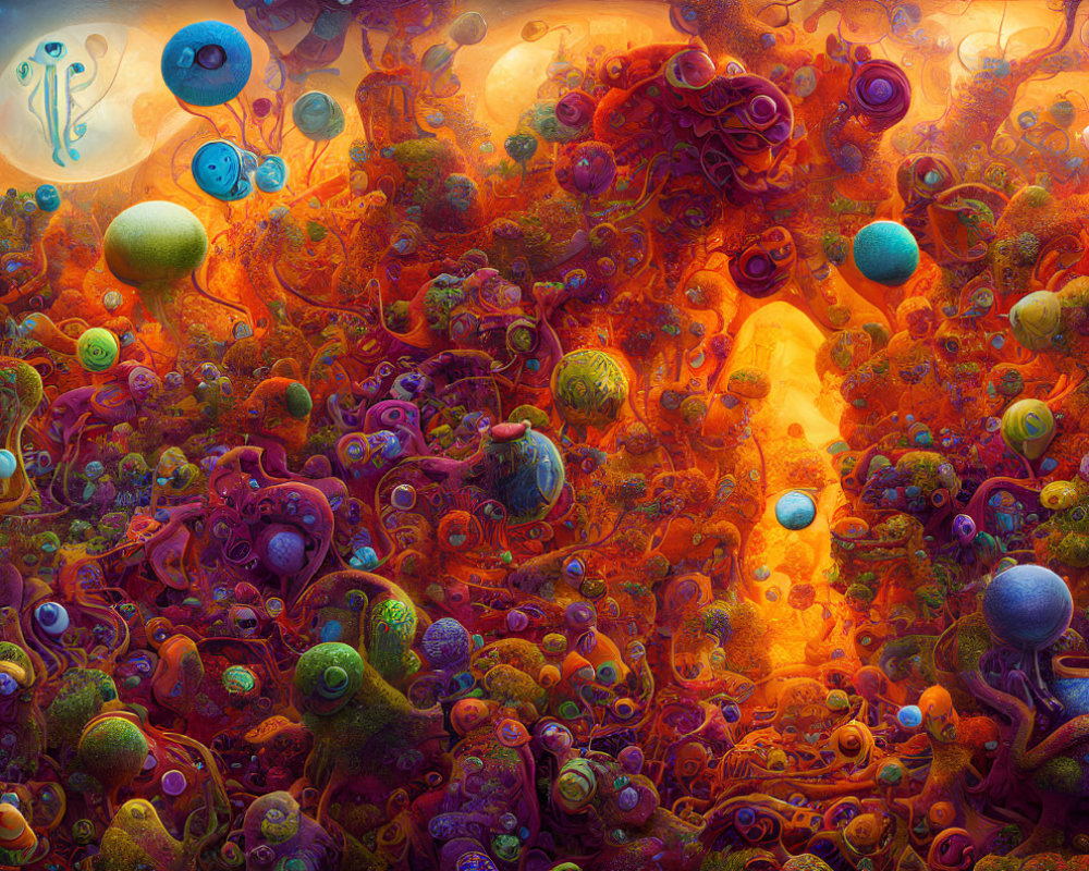 Colorful Surreal Landscape with Organic Shapes and Neon Orbs