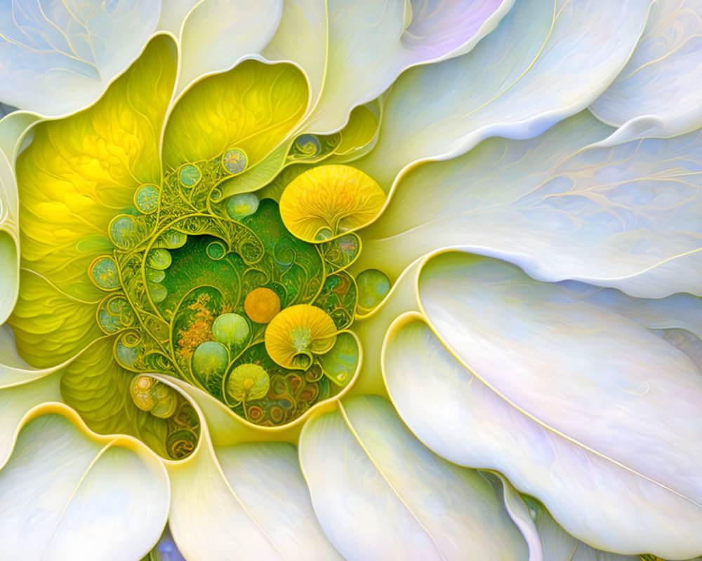 Fractal flower digital artwork with intricate green and yellow hues