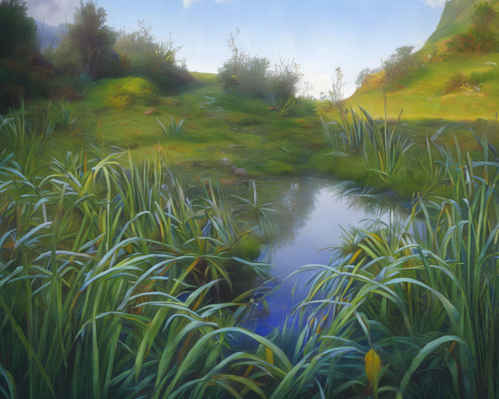 Tranquil pond surrounded by lush greenery and tall grasses