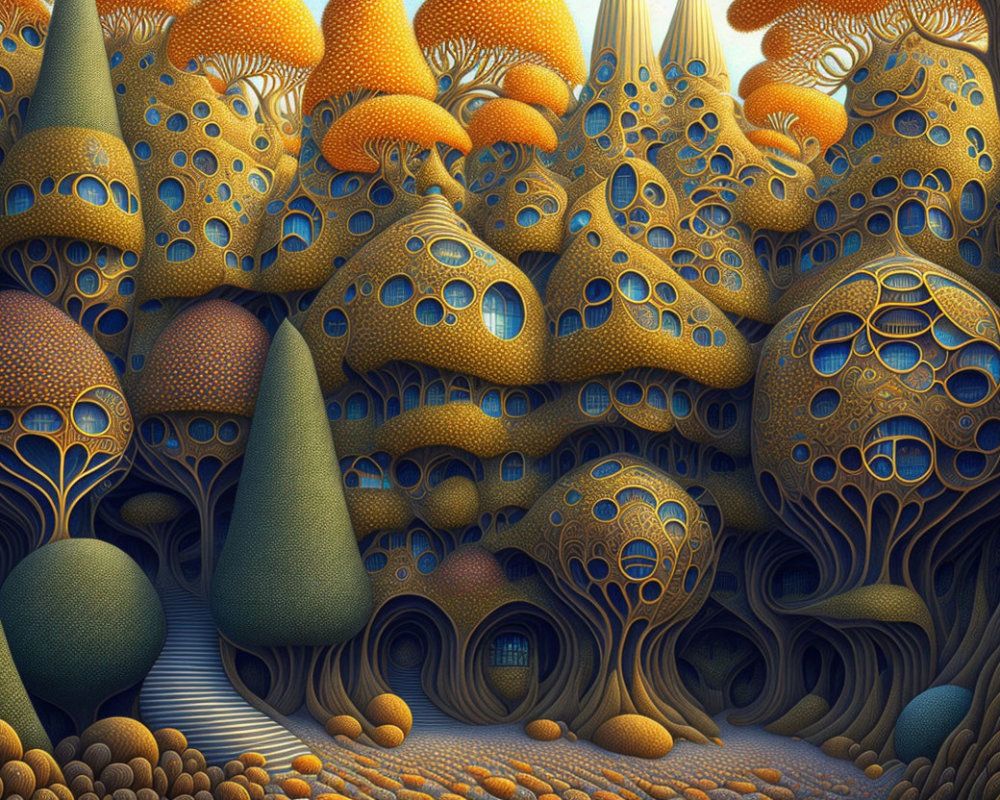 Intricate Fractal Landscape with Alien Mushroom and Honeycomb Patterns