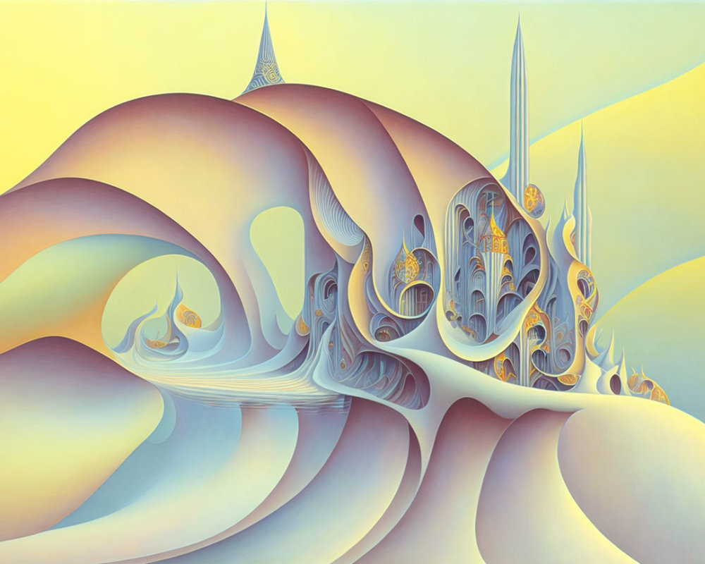 Surreal landscape with wave-like structures and ornate arches in pastel colors