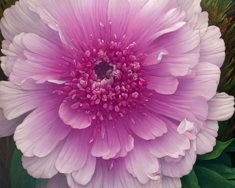 Detailed Pink Flower Painting with Lush Petals and Stamen against Leafy Background