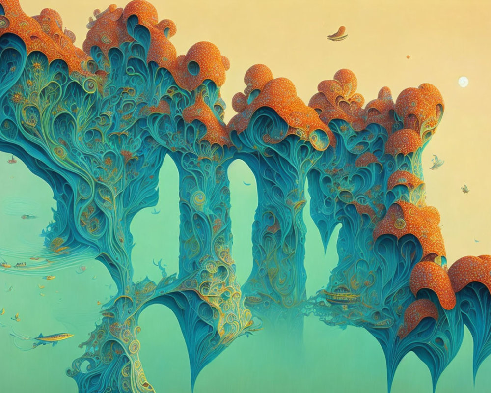 Vibrant surreal artwork: orange coral structures, blue details, birds, and leaves.