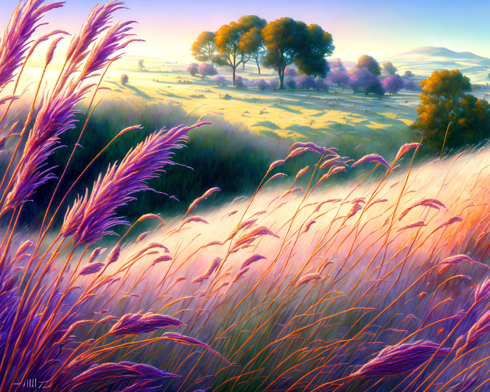 Colorful landscape with golden-purple grasses and vibrant trees under warm light