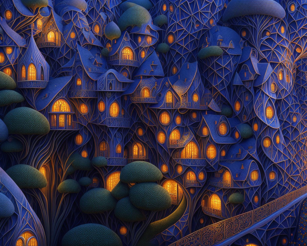 Detailed digital artwork: surreal landscape with whimsical houses, patterned trees, starry sky