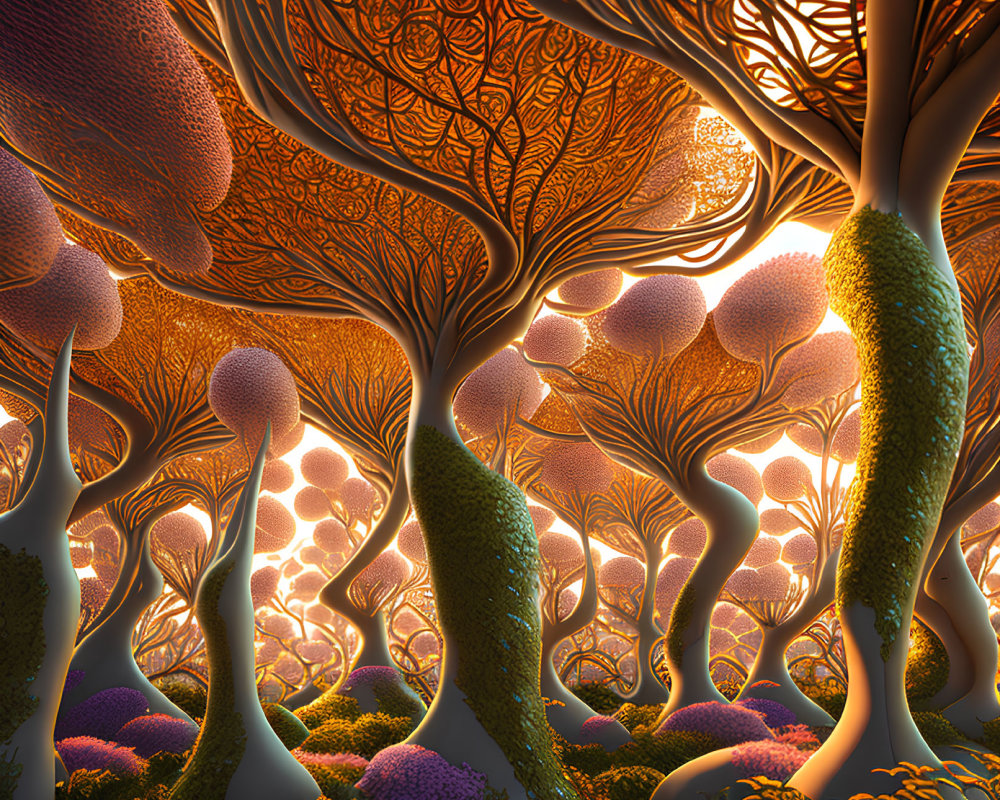 Vibrant surreal forest with coral-like trees in soft light