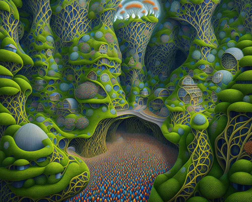 Vibrant surreal landscape with otherworldly flora and spherical habitats