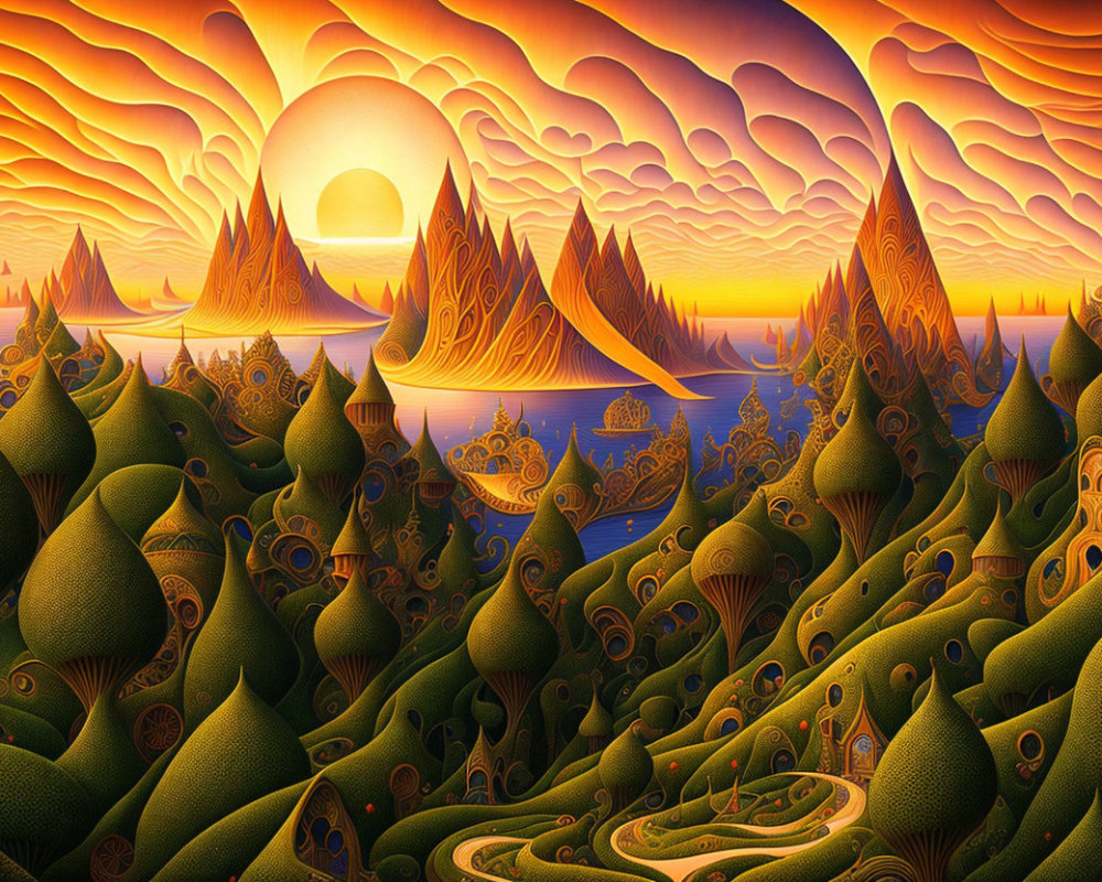 Surreal landscape with undulating hills and stylized trees