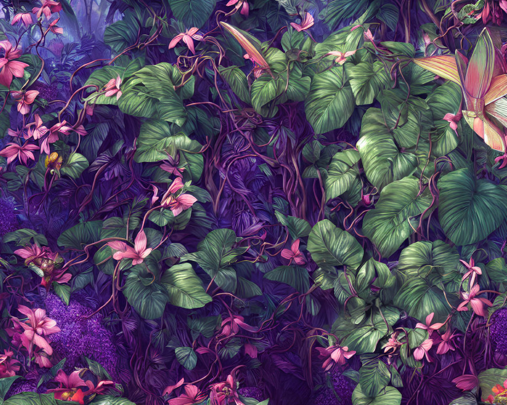 Colorful jungle scene with lush green leaves and pink flowers