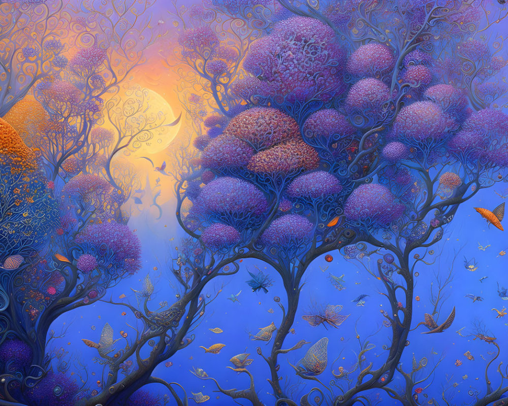 Colorful whimsical landscape with spherical purple and orange trees and butterfly-like creatures in a misty blue