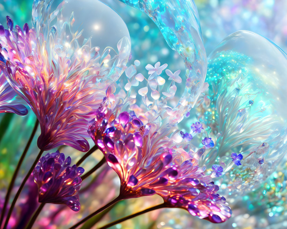 Colorful Flowers and Shimmering Bubbles on Blue Background