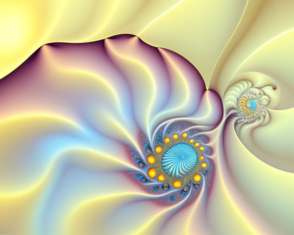 Fractal art piece with smooth yellow and blue lines and spiral patterns