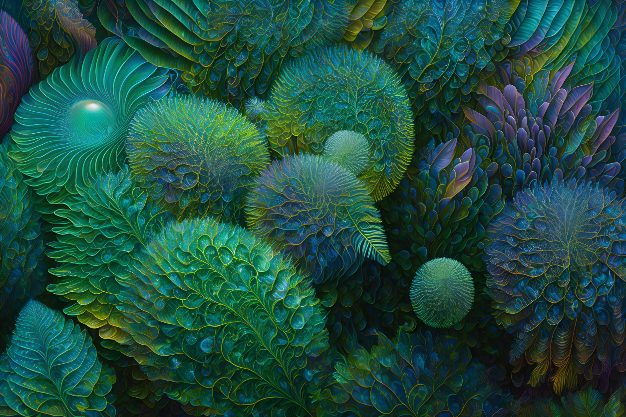 Vibrant abstract artwork of plant-like forms in green, blue, and yellow