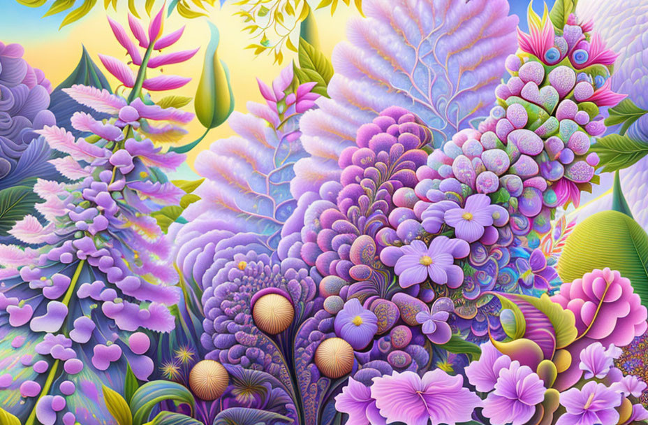 Colorful Stylized Flowers and Plants in Purple, Pink, Blue, and Yellow