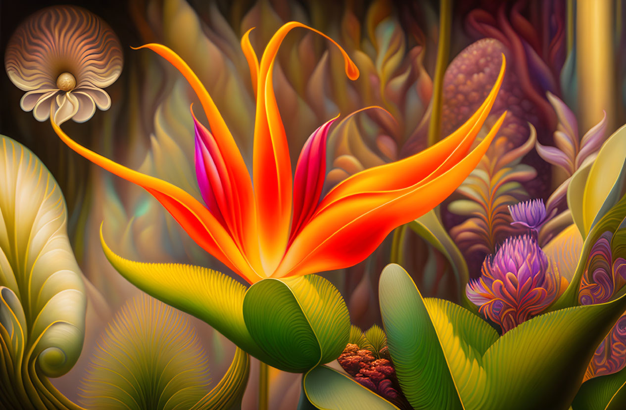 Exotic orange flower in lush, fantastical digital art