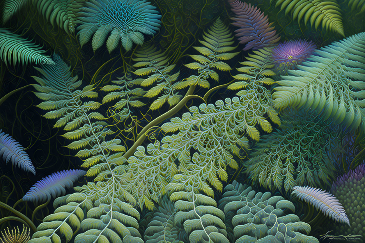 Colorful digital artwork of intricate fern-like plant arrangement