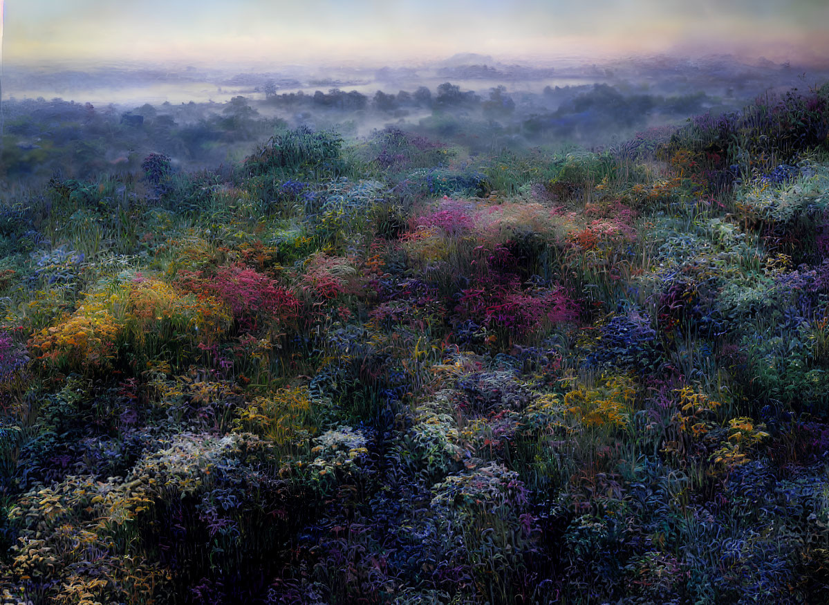 Colorful Wildflower Meadow at Misty Dawn with Purple Sky