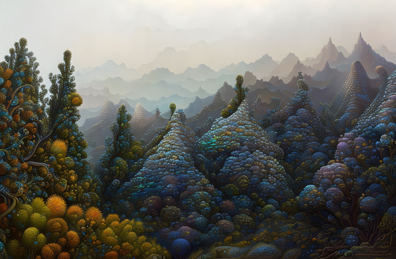 Colorful Bubble-Like Trees in Surreal Landscape