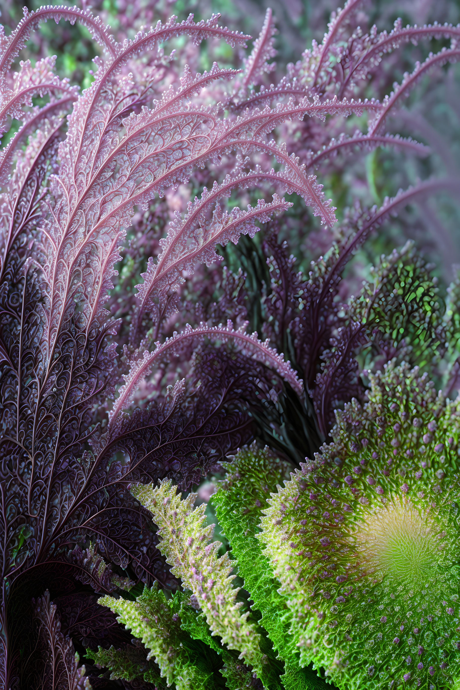 Intricate fractal image: plant-like patterns in purple, green, and pink with dewdrop