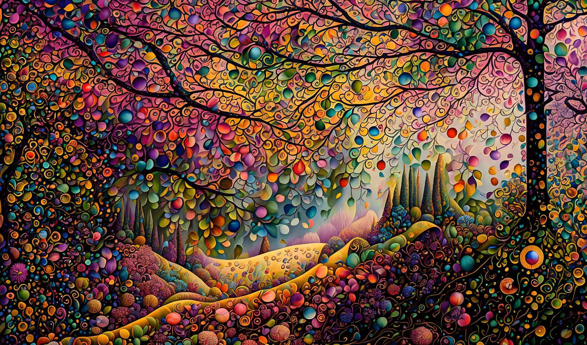 Vibrant surreal landscape with colorful trees and hills