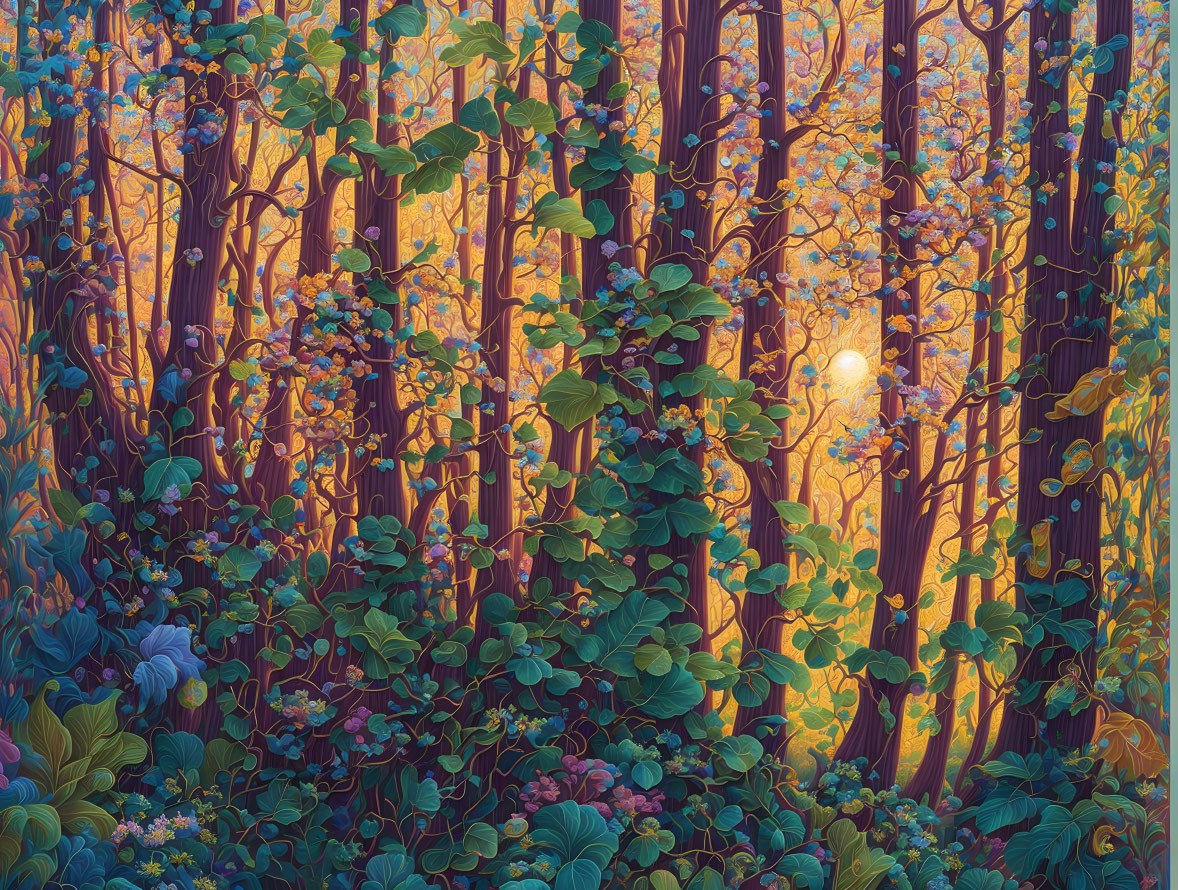 Vibrant forest illustration with dense foliage and sunset glow