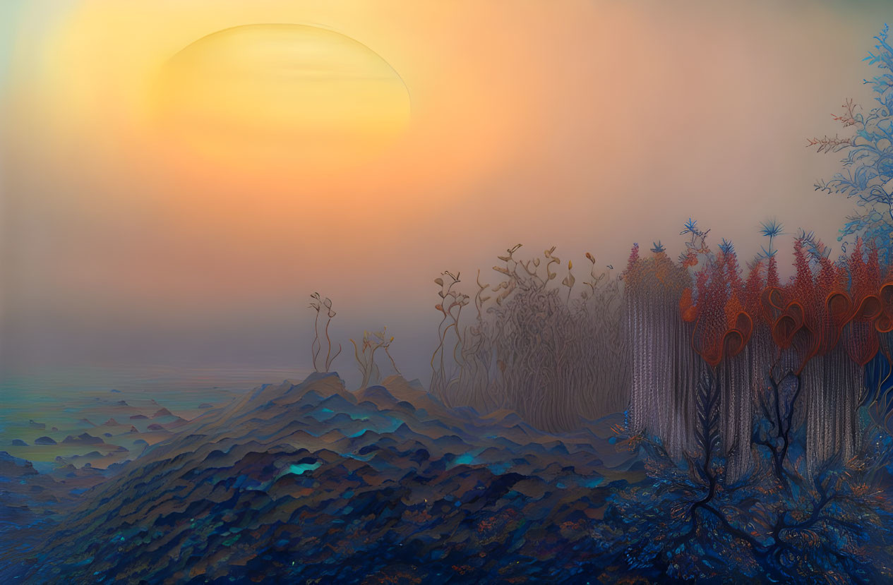 Surreal landscape with alien-like trees under misty orange sky