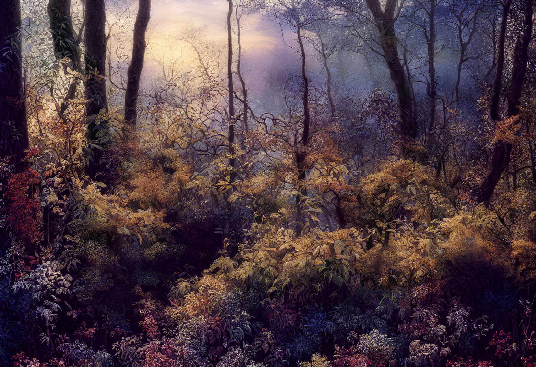 Twilight forest with purple and gold foliage under soft glowing sky