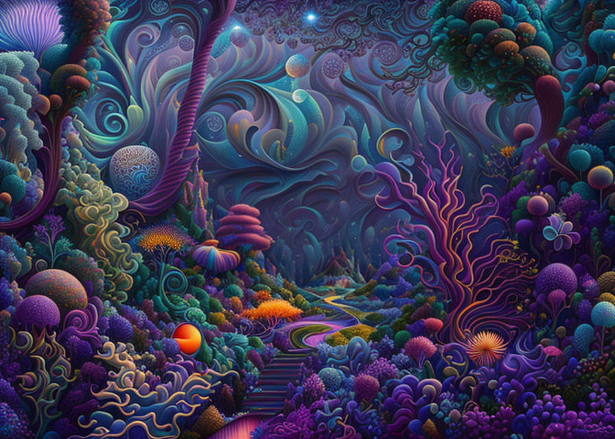 Colorful Psychedelic Landscape with Fantastical Trees under Starry Sky