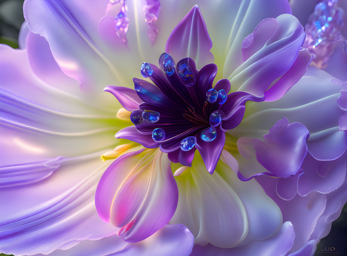 Digital Art: Purple Flower Center with Glowing Orbs and Petals