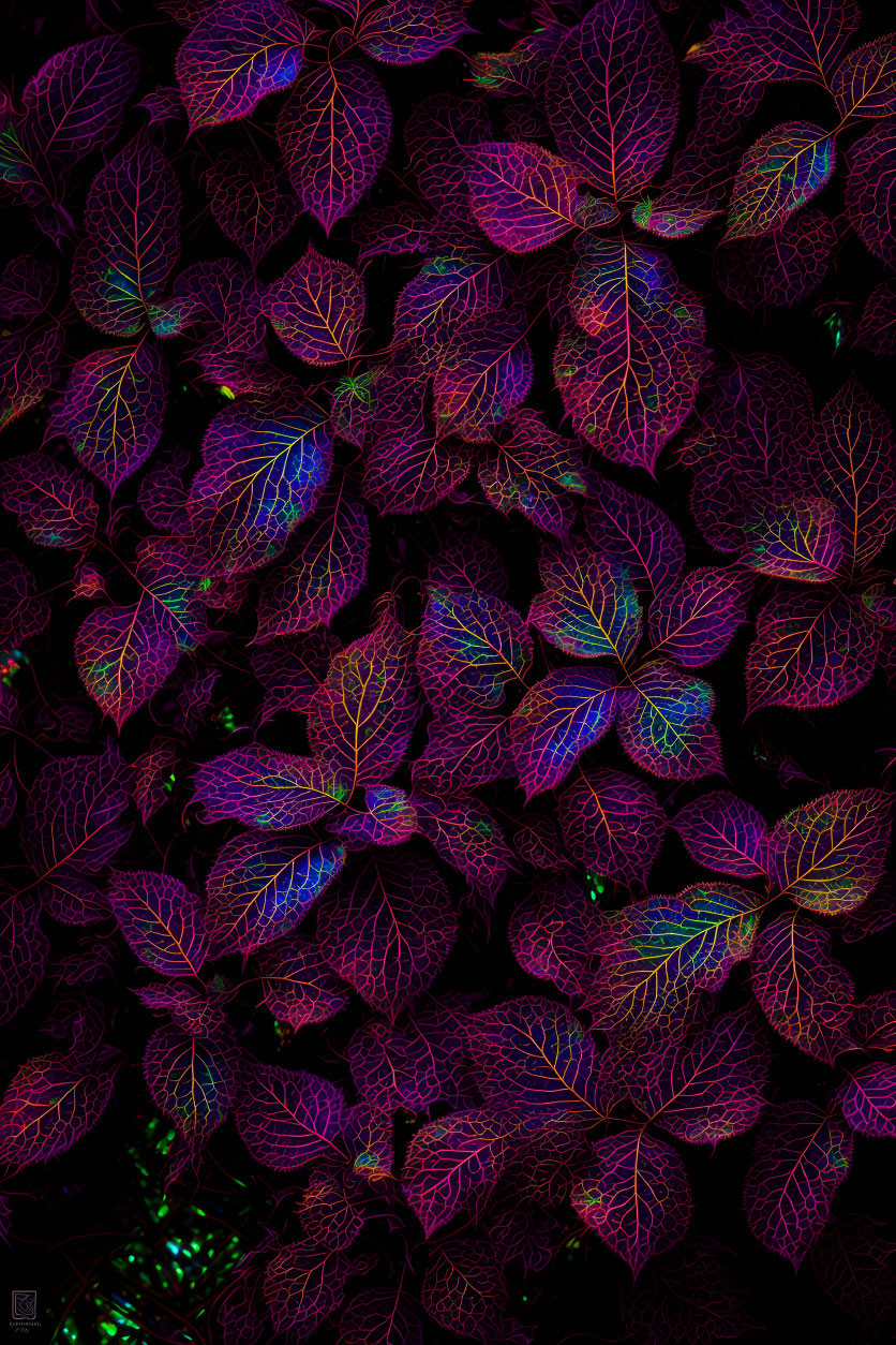 Neon purple leaves with glowing yellow and blue veins on dark background