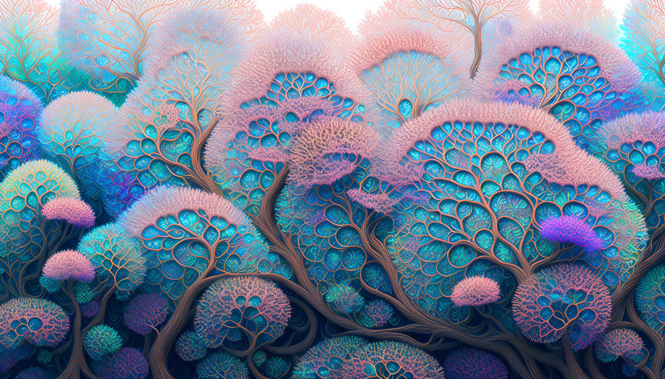 Colorful digital artwork: Stylized trees with coral-like canopies in blue, purple, and