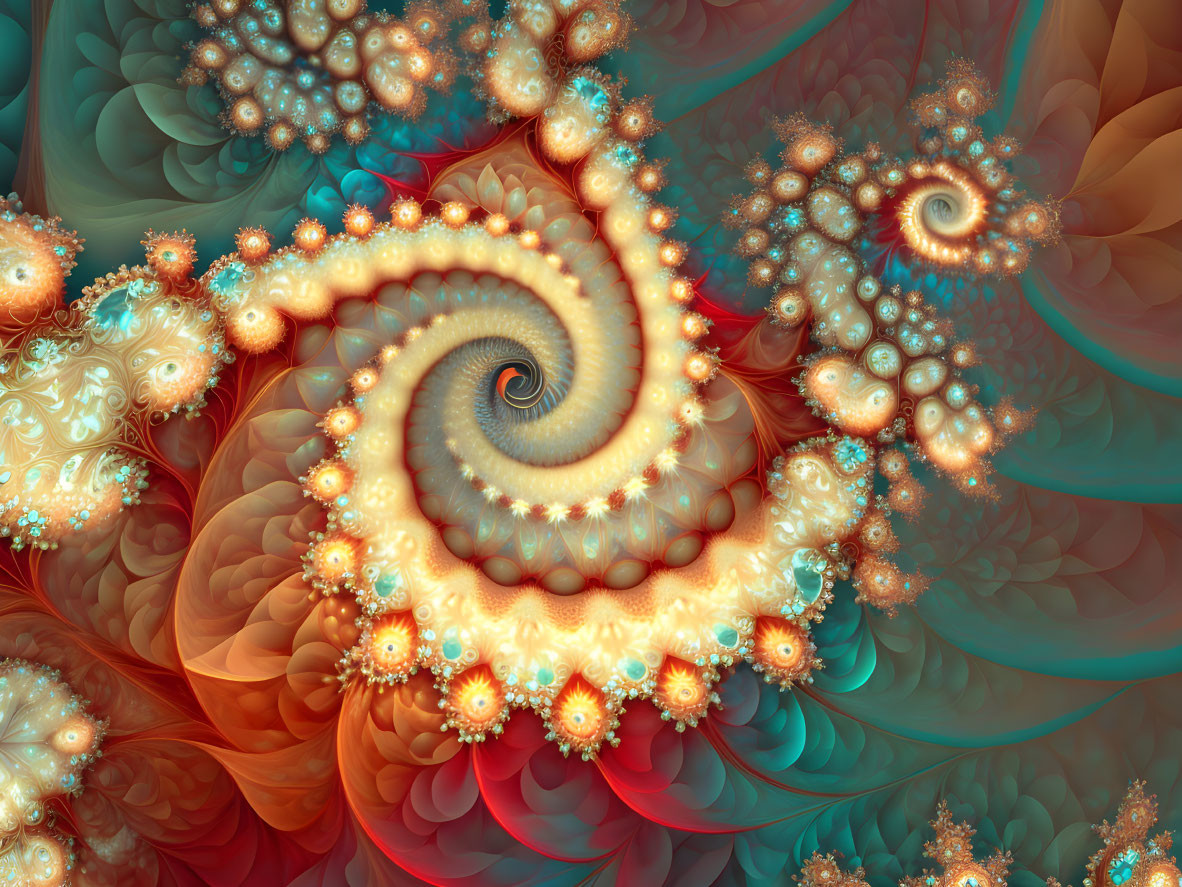 Colorful fractal pattern with spiral center and floral-like designs in warm hues