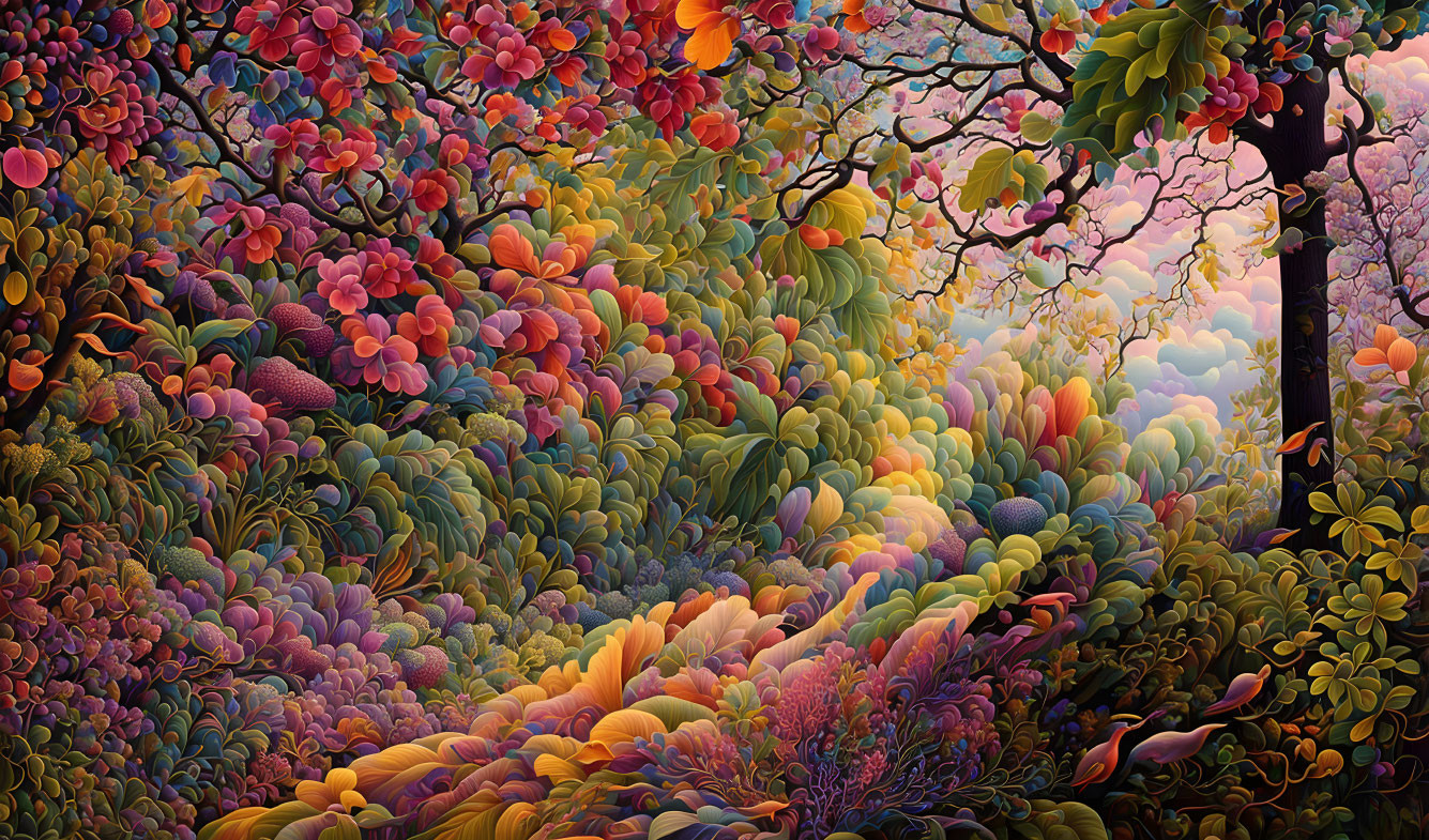 Colorful fantasy forest illustration with diverse foliage against pastel sky