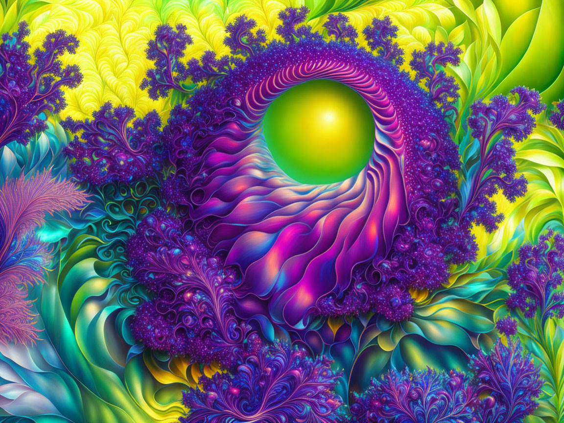 Colorful Psychedelic Floral and Fractal Patterns with Luminous Sphere