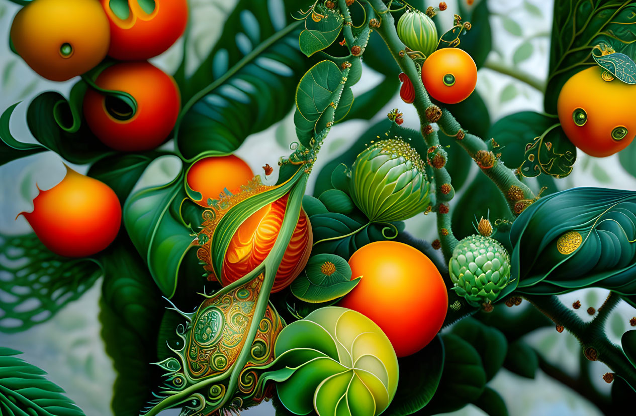 Colorful digital artwork of surreal fruits and foliage with intricate patterns on a lush green background