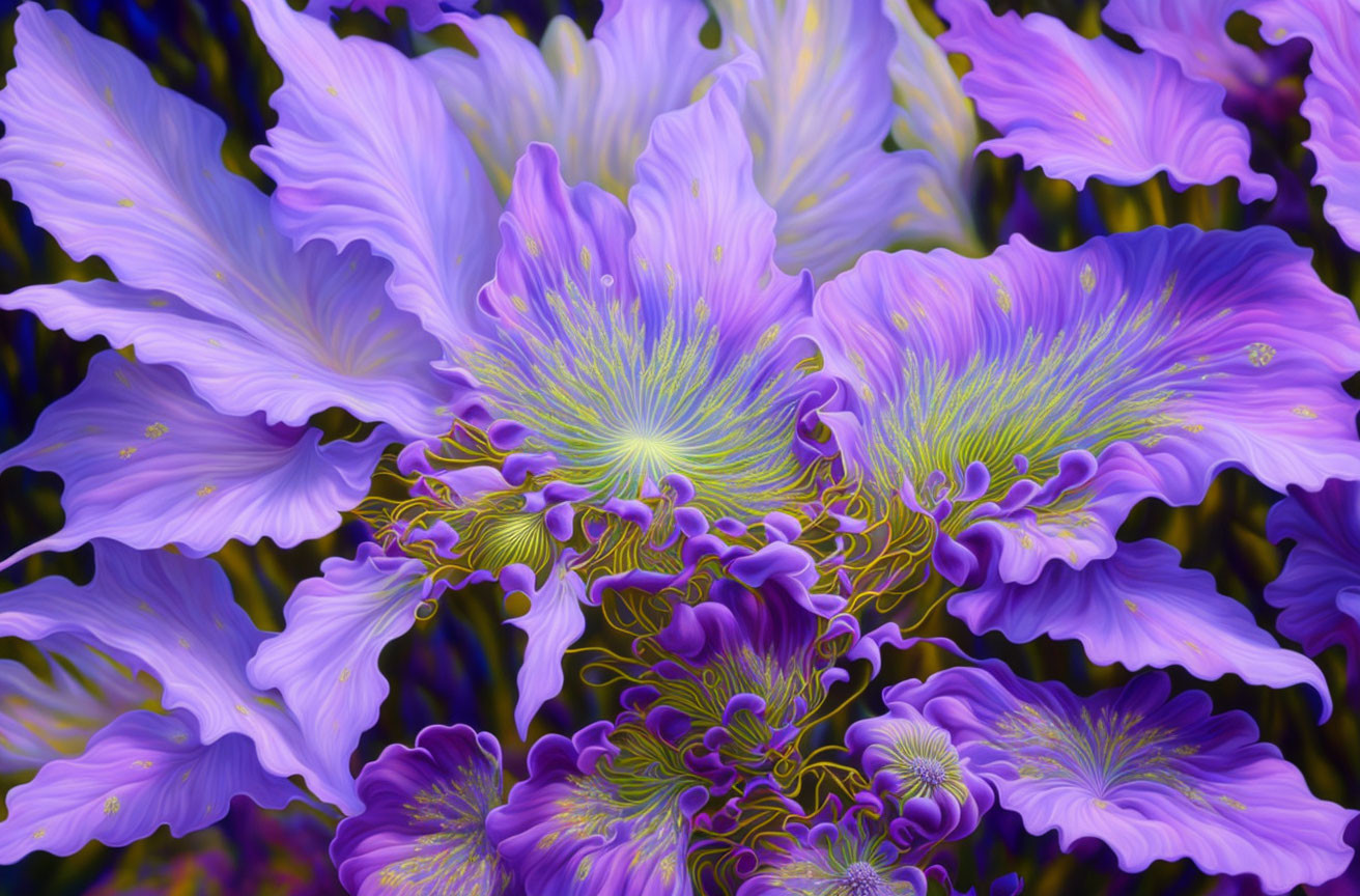 Vivid purple and white fractal flowers with intricate patterns on dark background