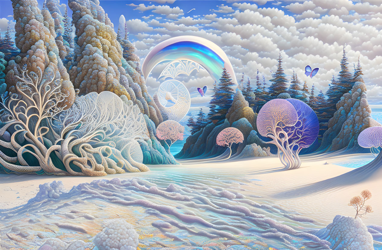 Surreal Landscape with Stylized Trees and Crescent Moon